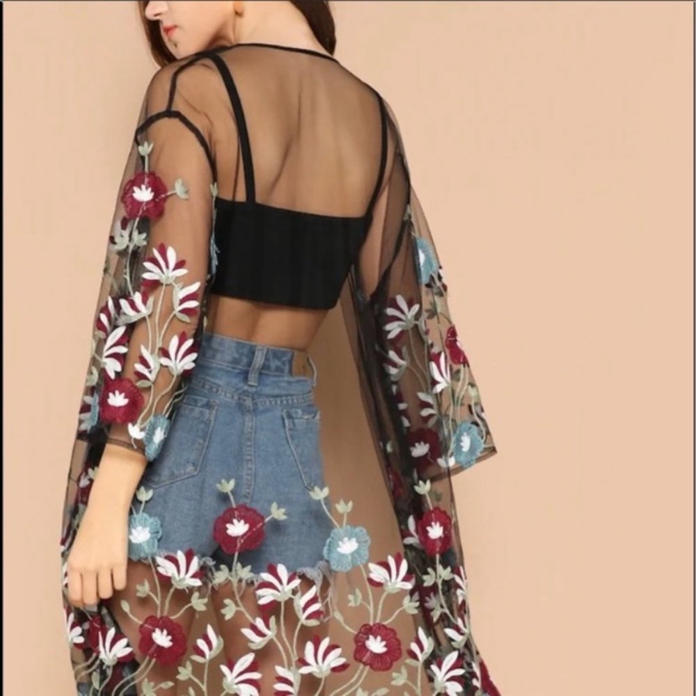 Boho Flower Embroidered Sheer Kimono
